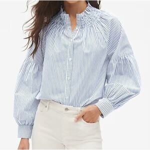 GAP Blue Stripe Smocked Neck Stripe Blouse in Poplin Long Sleeve Size S